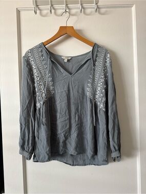Lucky Brand Embroidered V-Neck Peasant Blouse - Slate Blue